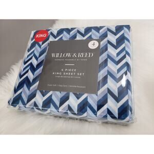 NEW Blue Herringbone Chevron King SHEET‎ SET 4 piece flat fitted boy bedroom men